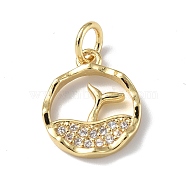 Brass Micro Pave Cubic Zirconia Charms, with Jump Ring, Round Ring & Sea & Whale Tail Charms, Real 18K Gold Plated, 13.5x11.5x2mm, Hole: 3mm(ZIRC-F131-18G)