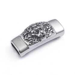 Retro 304 Stainless Steel Slide Charms/Slider Beads, for Leather Cord Bracelets Making, Rectangle with Lion, Antique Silver, 13x31x11mm, Hole: 4x8.5mm(STAS-L243-017AS)