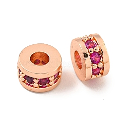 Brass Cubic Zirconia Spacer Beads, Long-Lasting Plated, Lead Free & Cadmium Free, Flat Round, Fuchsia, 6x3.8mm, Hole: 2.8mm(KK-L215-008B-RG02)