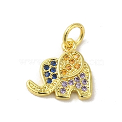 Real 18K Gold Plated Brass Pave Cubic Zirconia Pendants, with Jump Rings, Elephant, Colorful, 12x12x2mm, Hole: 3mm(KK-M283-02E-02)