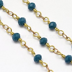 Handmade Faceted Glass Rondelle Beads Chains for Necklaces Bracelets Making, with Spool, Unwelded, with Golden Tone Brass Finding, Prussian Blue, 13x4mm; about 10meter/roll, about 32.8 Feet(10m)/roll(CHC-L023-10)