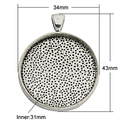 Alloy Pendant Cabochon Settings, Plain Edge Bezel Cups, Lead Free & Cadmium Free & Nickel Free, Flat Round, Antique Silver, 43x34x4mm, Hole: 7x4mm, Tray: 30mm(X-PALLOY-A13349-AS-NR)