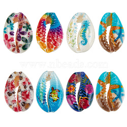 48Pcs 7 Styles Printed Natural Cowrie Shell Beads Sets, No Hole/Undrilled, Mixed Color, 17.5~21.5x12~15x5.5~7.5mm, about 48pcs/box(SSHEL-NB0001-41)