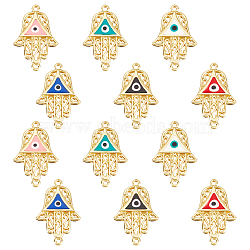 Nbeads 12Pcs 6 Colors Brass Enamel Links Connectors, Hamsa Hand/Hand of Fatima/Hand of Miriam with Evil Eye, Mixed Color, 20.5x13x2mm, Hole: 1mm, 2pcs/color(KK-NB0001-40)