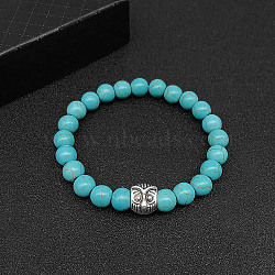 Synthetic Turquoise Stretch Bracelets for Women Men, with Tibetan Style Animals Alloy Beads, Owl, No Size(IS4293-6)