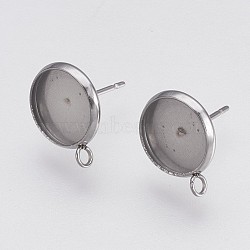 Non-Tarnish 202 Stainless Steel Stud Earring Settings, with 304 Stainless Steel Pins and Loop, Flat Round, Stainless Steel Color, Tray: 10mm, 14.5x12x2mm, Hole: 1.5mm, Pin: 0.8mm(STAS-I088-D-04P)