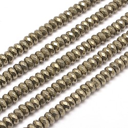 Faceted Rondelle Natural Pyrite Beads Strands, 4x3mm, Hole: 1mm, about 135pcs/strand, 15.7 inch(G-I126-11-4x3mm)