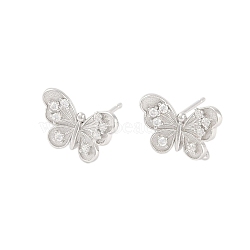 925 Sterling Silver Micro Pave Clear Cubic Zirconia Stud Earring Findings, Butterfly, Real Platinum Plated, 9x12.5mm(STER-U004-06P)