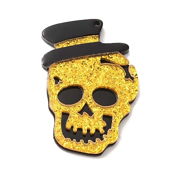 Halloween Acrylic Pendants,  with Sequins, Skull with Hat Charm, Gold, 45x30x4mm, Hole: 2mm