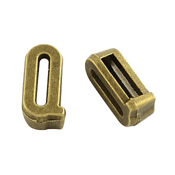 Tibetan Style Alloy Letter Slide Charms, Cadmium Free & Nickel Free & Lead Free, Letter.Q, 11x2~8x4mm, Hole: 7x2mm, about 1135pcs/1000g