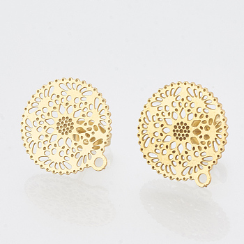 304 Stainless Steel Stud Earring Findings, with Loop, Flat Round, Golden, 16.5x15mm, Hole: 1mm, pin: 0.7mm