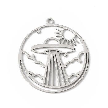 304 Stainless Steel Pendants, Hollow, Flat Round with UFO Charm, Stainless Steel Color, 27x24.5x0.9mm, Hole: 1.4mm