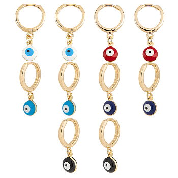 5 Pairs 5 Colors Enamel Evil Eye Dangle Hoop Earrings, Gold Plated Brass Jewelry for Women, Mixed Color, 23mm, Pin: 1mm, 1 Pair/color