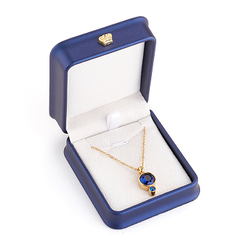 PU Leather Necklace Pendant Gift Boxes, with Golden Plated Iron Crown and Velvet Inside, for Wedding, Jewelry Storage Case, Blue, 8.4x7.2x4cm