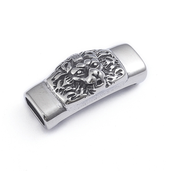 Retro 304 Stainless Steel Slide Charms/Slider Beads, for Leather Cord Bracelets Making, Rectangle with Lion, Antique Silver, 13x31x11mm, Hole: 4x8.5mm
