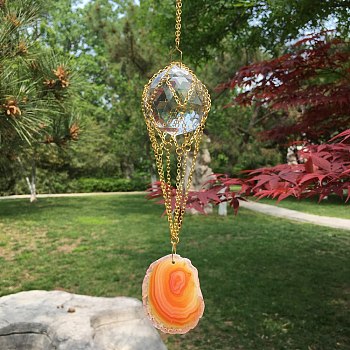 K9 Glass Round Pendant Decorations, Hanging Suncatchers, with Natural Agate Piece, for Home Garden Decorations, Orange, Pendant: 300mm