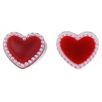 Acrylic Cabochons, with ABS Plastic Imitation Pearl Beads, Heart, Dark Red, 20.5x22x5mm