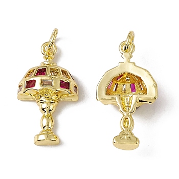 Rack Plating Brass Micro Pave Cubic Zirconia Pendants, with Jump Ring, Real 18K Gold Plated, Long-Lasting Plated, Cadmium Free & Nickel Free & Lead Free, Table Lamp Charm, Medium Violet Red, 21.5x12x6.5mm, Jump Ring: 5x0.9mm, Inner Diameter: 3.2mm