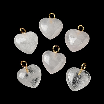 Natural Quartz Crystal Pendants, Rock Crystal Pendants, Heart Charms with Golden Plated Brass Loops, 15~15.5x12~12.5x4.5~5.5mm, Hole: 2mm