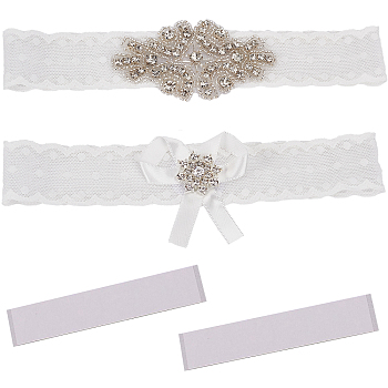 Lace Elastic Bridal Garters, with Rhinestone and Flower Pattern, Wedding Garment Accessories, White, 1-3/8 inch(35mm)
