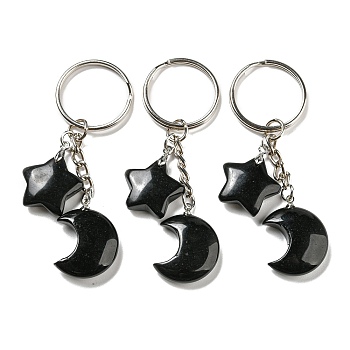 Reiki Natural Obsidian Moon & Star Pendant Keychains, with Iron Keychain Rings, 7.8cm