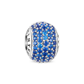 TINYSAND Rondelle Rhodium Plated 925 Sterling Silver European Beads, Large Hole Beads, with Pave Setting Blue Cubic Zirconia, Platinum, 12.6x9.39x12.22mm, Hole: 4.29mm