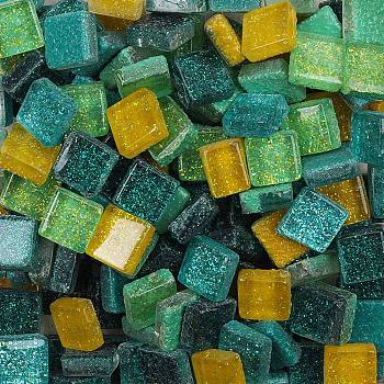 Square Transparent Glass Cabochons, Mosaic Tiles, for Home Decoration or DIY Crafts, Green, 9.5~10.5x9.5~10.5x4~4.5mm, 1100pcs/kg