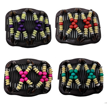 Plastic Hair Bun Maker, Stretch Double Hair Comb, with Wood Beads and Metal Findings, Mixed Color, 75x105mm
