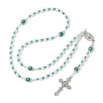 Glass Pearl Rosary Bead Necklace, Alloy Cross & Virgin Mary Pendant Necklace, Green, 24.41 inch(62cm)