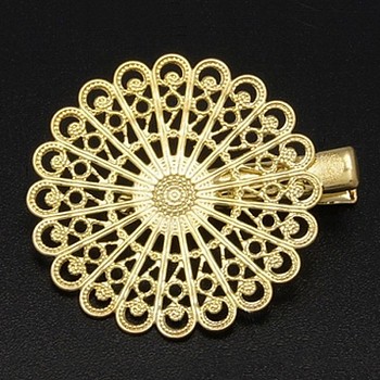 Iron Hair Clip, with Brass Flower Tray, Golden, 38x39~45mm