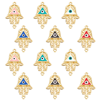 Nbeads 12Pcs 6 Colors Brass Enamel Links Connectors, Hamsa Hand/Hand of Fatima/Hand of Miriam with Evil Eye, Mixed Color, 20.5x13x2mm, Hole: 1mm, 2pcs/color