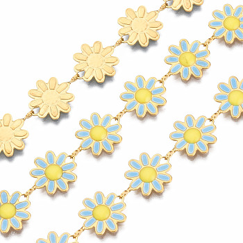 304 Stainless Steel & Enamel Link Chains, with Spool, Unwelded, Real 16K Gold Plated, Nickel Free, Flower, Cornflower Blue, 13.5x10x1mm, about 16.4 Feet(5m)/roll