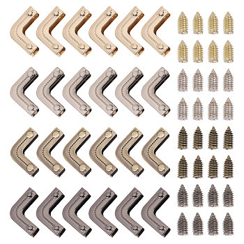 24Pcs 4 Styles Zinc Alloy Purse Decorative Edge Hardware, Bag Corner Protector, with Iron Screws, L-shaped, Mixed Color, 2.4~3.x2.4x0.7~0.75cm, Hole:2.3~2.4mm, 6pcs/style