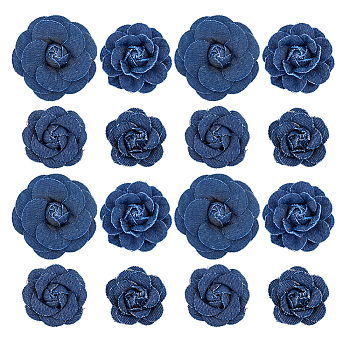 16Pcs 4 Styles Denim Cloth Flowers, Jean Fabric Camelia, Sewing Ornaments, DIY Costume Accessories, Marine Blue, 35~78x34~75x14~22mm, 4pcs/style