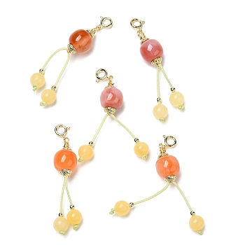 Natural Agate Apple Pendant Decorations, with Yellow Jade Round Beads and Brass Spring Ring Clasps, Real 14K Gold Plated, 52mm