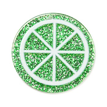 Transparent Acrylic Pendants, with Paillette/Glitter Sequins, Lemon Slice, Lime Green, 34x2mm, Hole: 1.6mm