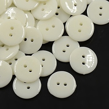 Acrylic Sewing Buttons, Plastic Buttons for Costume Design, 2-Hole, Dyed, Flat Round, White, 15x2mm, Hole: 1mm