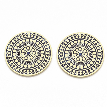 Brass Enamel Pendants, Etched Metal Embellishments, Matte Gold Color, Flat Round with Flower, Midnight Blue, 40x0.3mm, Hole: 1.4mm