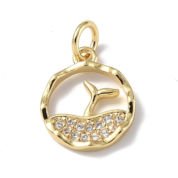 Brass Micro Pave Cubic Zirconia Charms, with Jump Ring, Round Ring & Sea & Whale Tail Charms, Real 18K Gold Plated, 13.5x11.5x2mm, Hole: 3mm