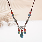Bohemian Bohemian Alloy with Porcelain Teardrop Bead Tassel Pendant Adjustable Necklaces, Antique Silver, Steel Blue, 19.69~31.50 inch(50~80cm)(FS-WG3E161-02)