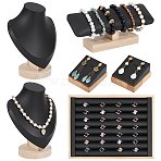 6Pcs 4 Styles PU Leather Jewelry Display Stand Sets, Including Bust Shaped Necklace Stands, Bracelet Stands, Ring Trays and Pendant Display Stands, with Wooden Base, Black, 80~241x70~180x31~89mm(NDIS-DR0001-02)