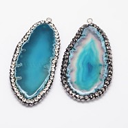 Nuggets Natural Agate Big Pendants, with Platinum Plated Brass Findings and Rhinestones, Dyed, Sky Blue, 50~95x25~60x4~8mm, Hole: 2mm(G-A144-08E)
