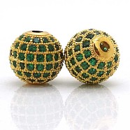 Brass Cubic Zirconia Beads, Round, Golden, 10mm, Hole: 2mm(ZIRC-F001-35G)