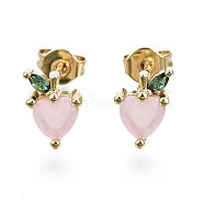 Brass Micro Pave Cubic Zirconia Stud Earrings, with Cat Eye and Ear Nuts, Cadmium Free & Nickel Free & Lead Free, Heart, Pink, Real 16K Gold Plated, 8x6mm, Pin: 0.7mm(EJEW-S210-003-NR)