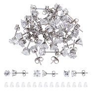 15 Pairs 3 Styles Cubic Zirconia Ear Studs, with Stainless Steel Base and Plastic Ear Nuts, Heart & Flat Round & Square, Stainless Steel Color, 5 pairs/style(STAS-UN0022-47)