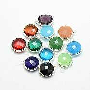 Silver Color Plated Brass Glass Pendants, Flat Round, Mixed Color, 14x11x5mm, Hole: 2mm(GLAA-J018B-S)