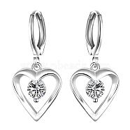 Perfect Design Heart Brass Cubic Zirconia Dangle Earrings, Clear, Silver, 30x13mm(EJEW-BB06458)