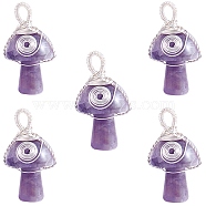 Natural Amethyst Pendants, Mushroom Charms, with Silver Color Plated Copper Wire Wrapped, 30x15x16mm, Hole: 5mm(PALLOY-SW0004-09)