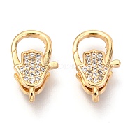 Brass Micro Pave Cubic Zirconia Lobster Claw Clasps, Hamsa Hand/Hand of Fatima/Hand of Miriam, Real 18K Gold Plated, 17x10x5mm, Hole: 1x2mm(ZIRC-O038-24G)