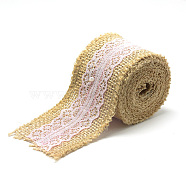 Burlap Ribbon, Hessian Ribbon, Jute Ribbon, with Cotton Ribbon, for Jewelry Making, Pink, 2 inch(50mm), about 2.187yards/roll(2m/roll), 12rolls/bag(OCOR-R071-11E)
